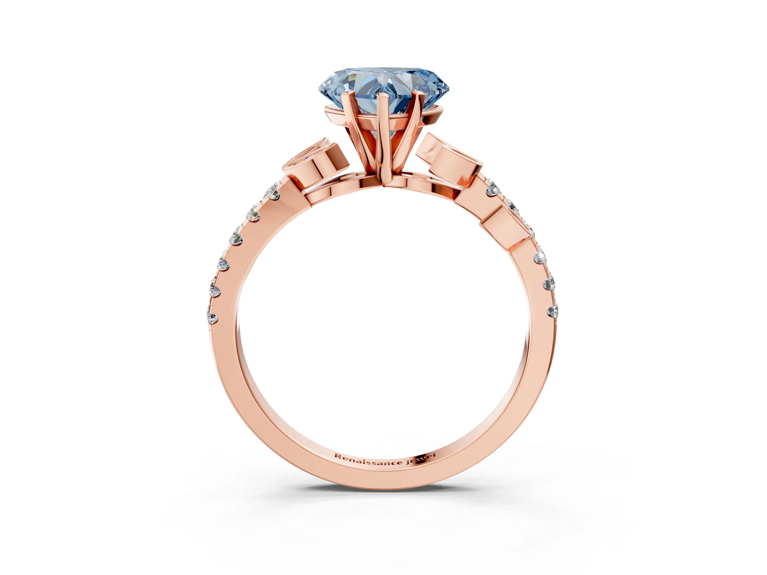 Rose gold Fancy Blue Heart Cut Solitaire Leaf-Inspired Diamond Ring with Pavé Band and Four-Prong Setting_3
