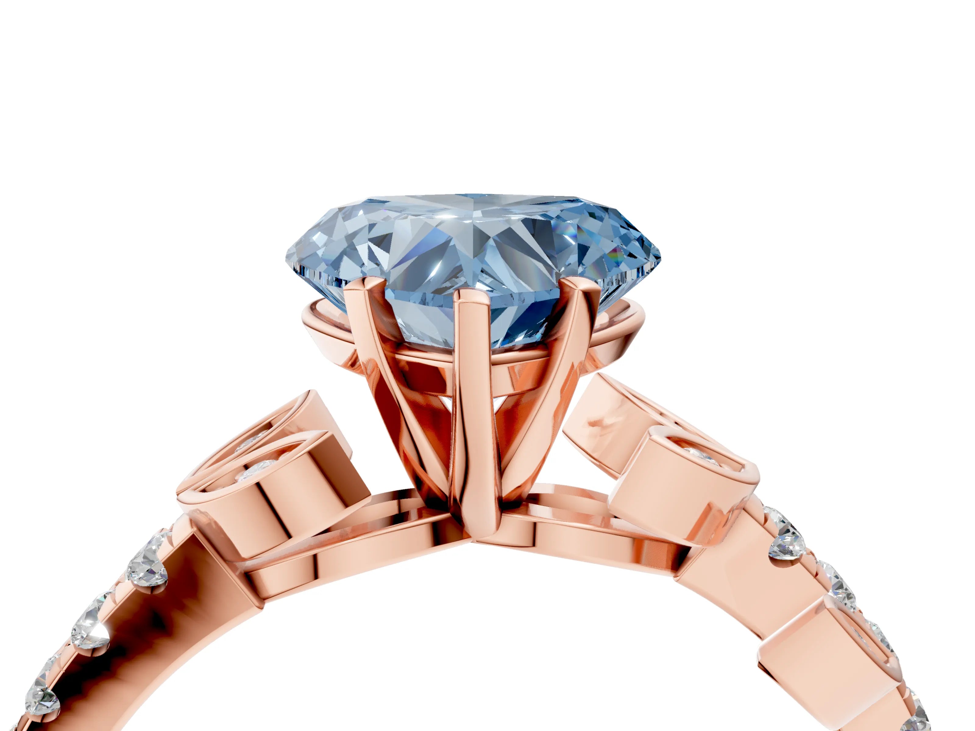 Rose gold Fancy Blue Heart Cut Solitaire Leaf-Inspired Diamond Ring with Pavé Band and Four-Prong Setting_4