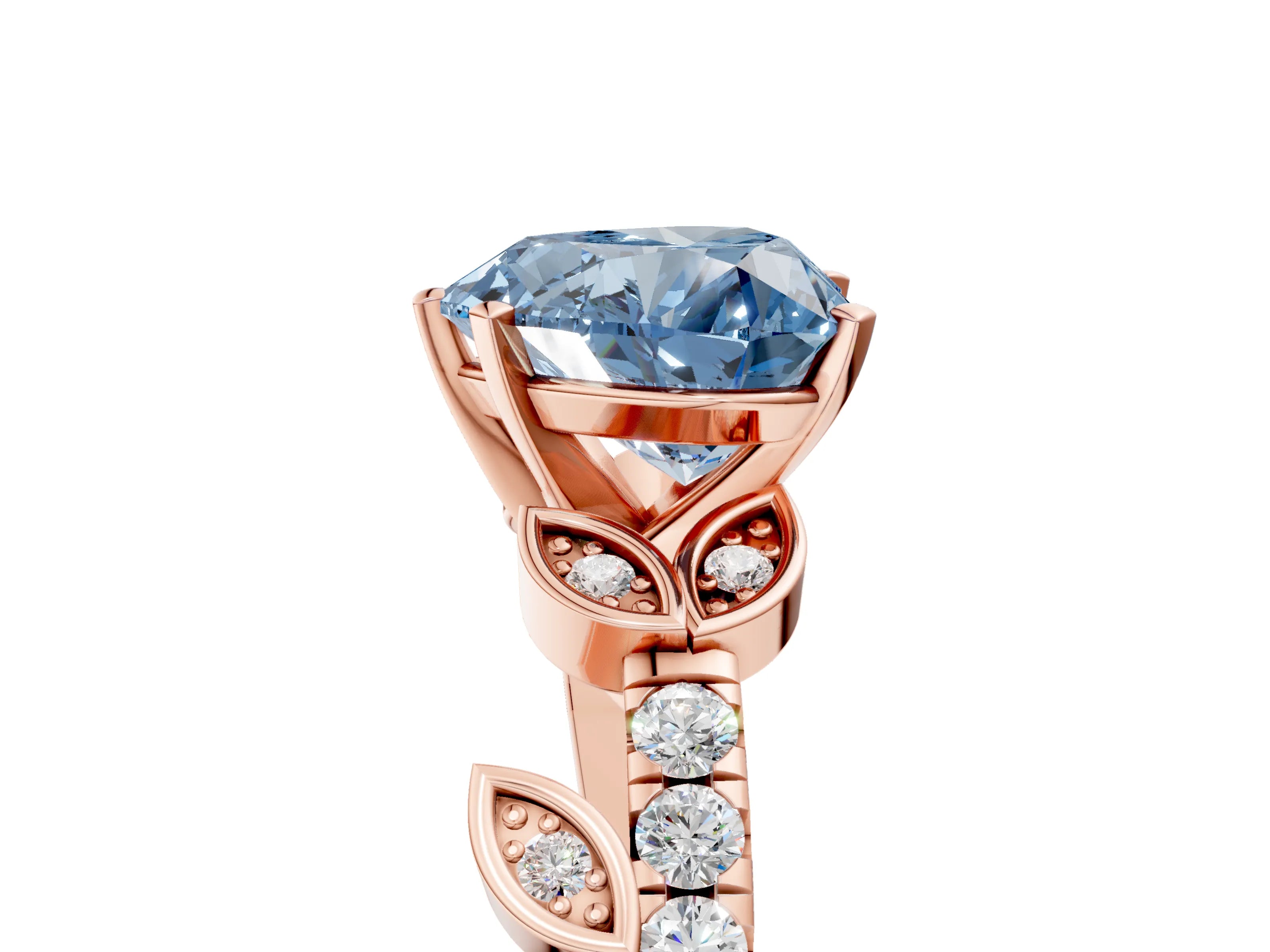 Rose gold Fancy Blue Heart Cut Solitaire Leaf-Inspired Diamond Ring with Pavé Band and Four-Prong Setting_5
