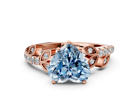 Rose gold Fancy Blue Heart Cut Solitaire Leaf-Inspired Diamond Ring with Pavé Band and Four-Prong Setting