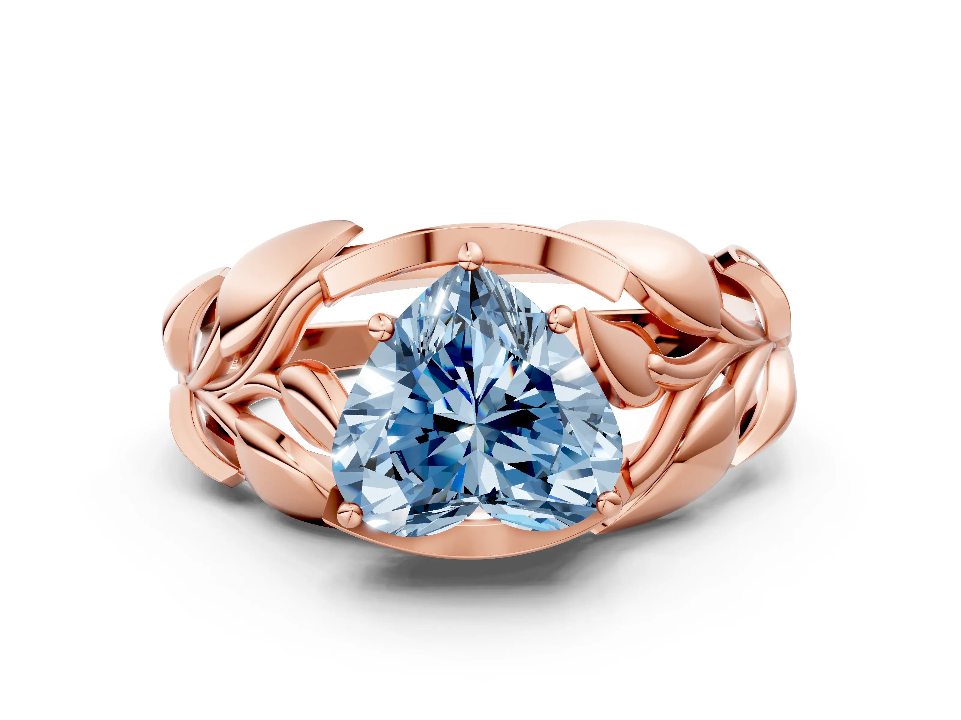 Rose gold Fancy Blue Heart Cut Solitaire Leaf-Inspired Engagement Ring with Prong Setting