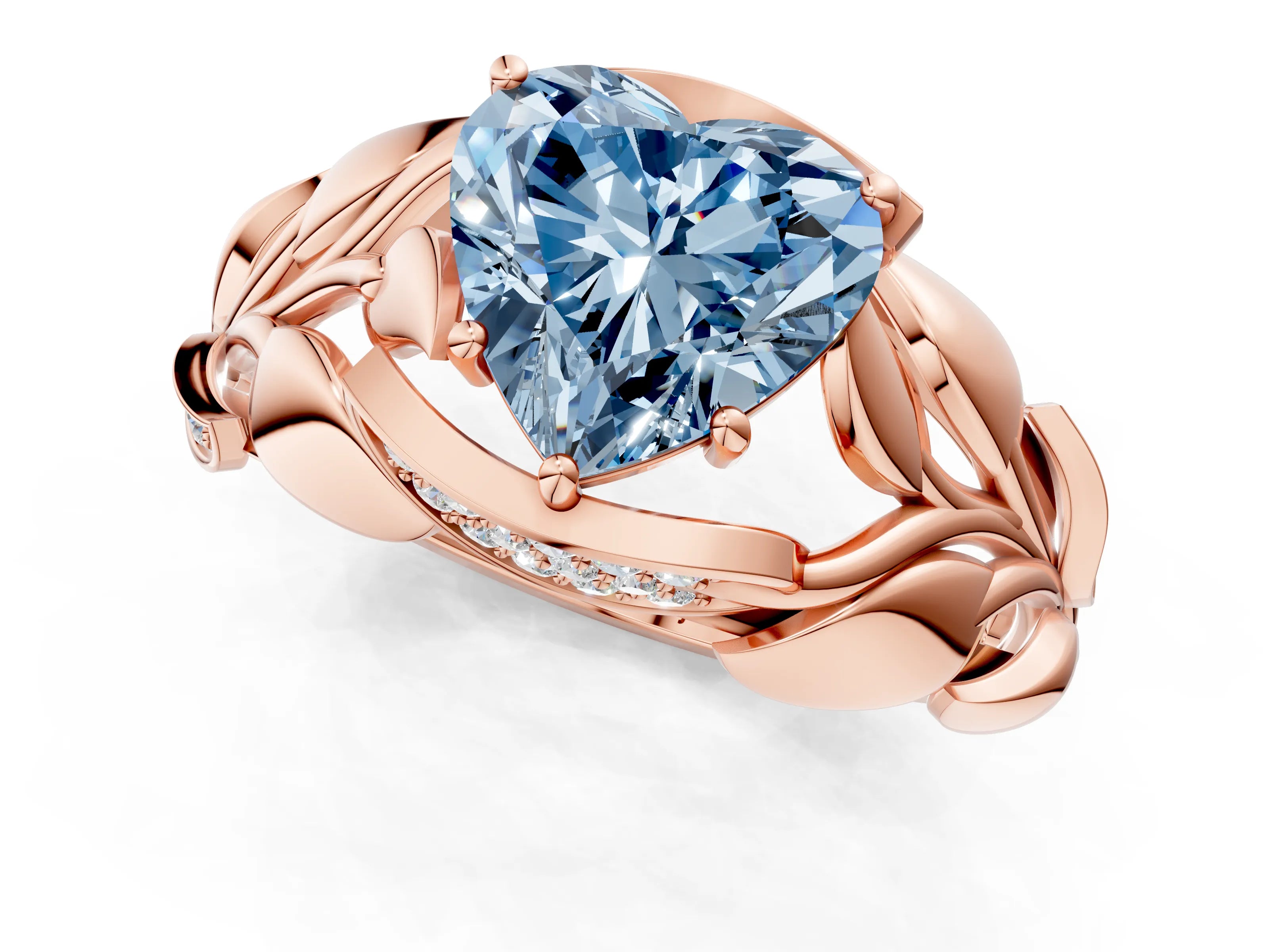 Rose gold Fancy Blue Heart Cut Solitaire Leaf-Inspired Engagement Ring with Prong Setting_1