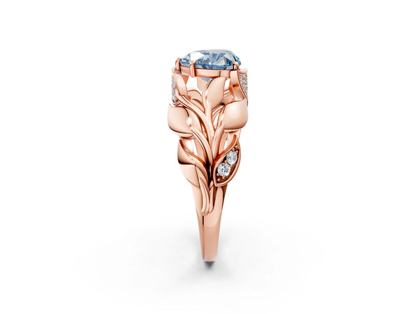 Rose Gold Heart-Shaped Pave Leaf Bypass Engagement Ring Setting for Fancy Blue Center