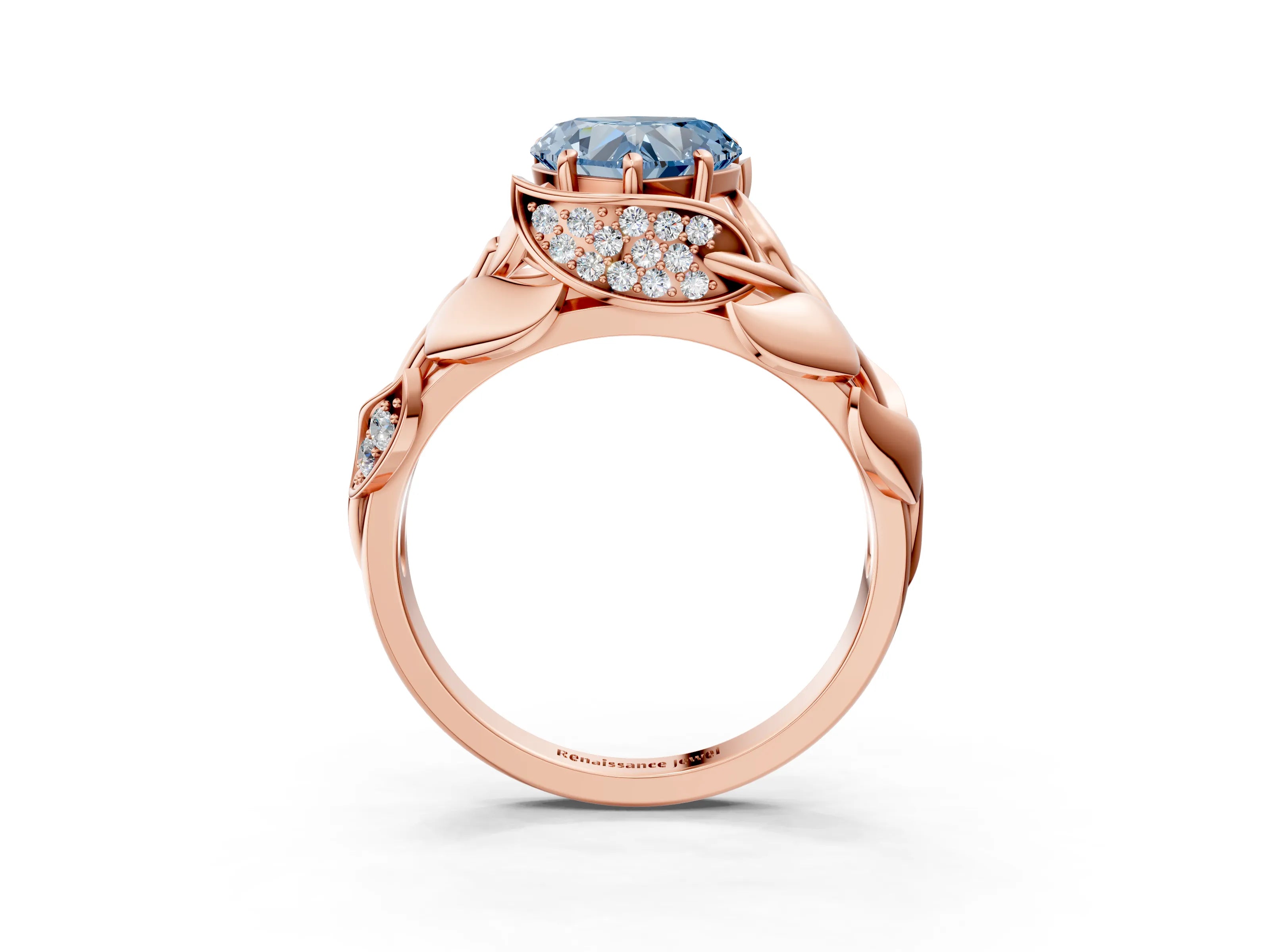 Rose gold Fancy Blue Heart Cut Solitaire Leaf-Inspired Engagement Ring with Prong Setting_3