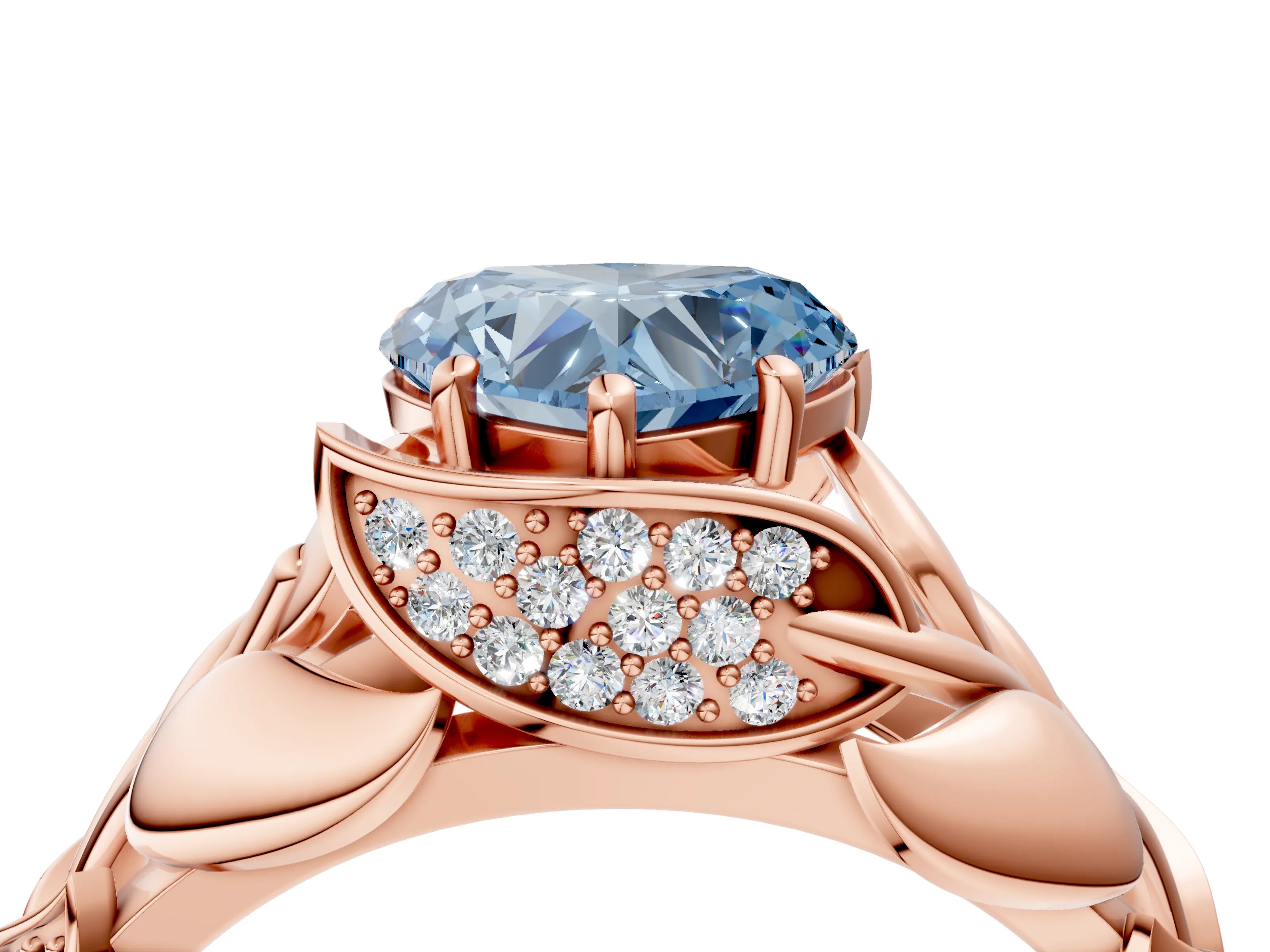 Rose gold Fancy Blue Heart Cut Solitaire Leaf-Inspired Engagement Ring with Prong Setting_4