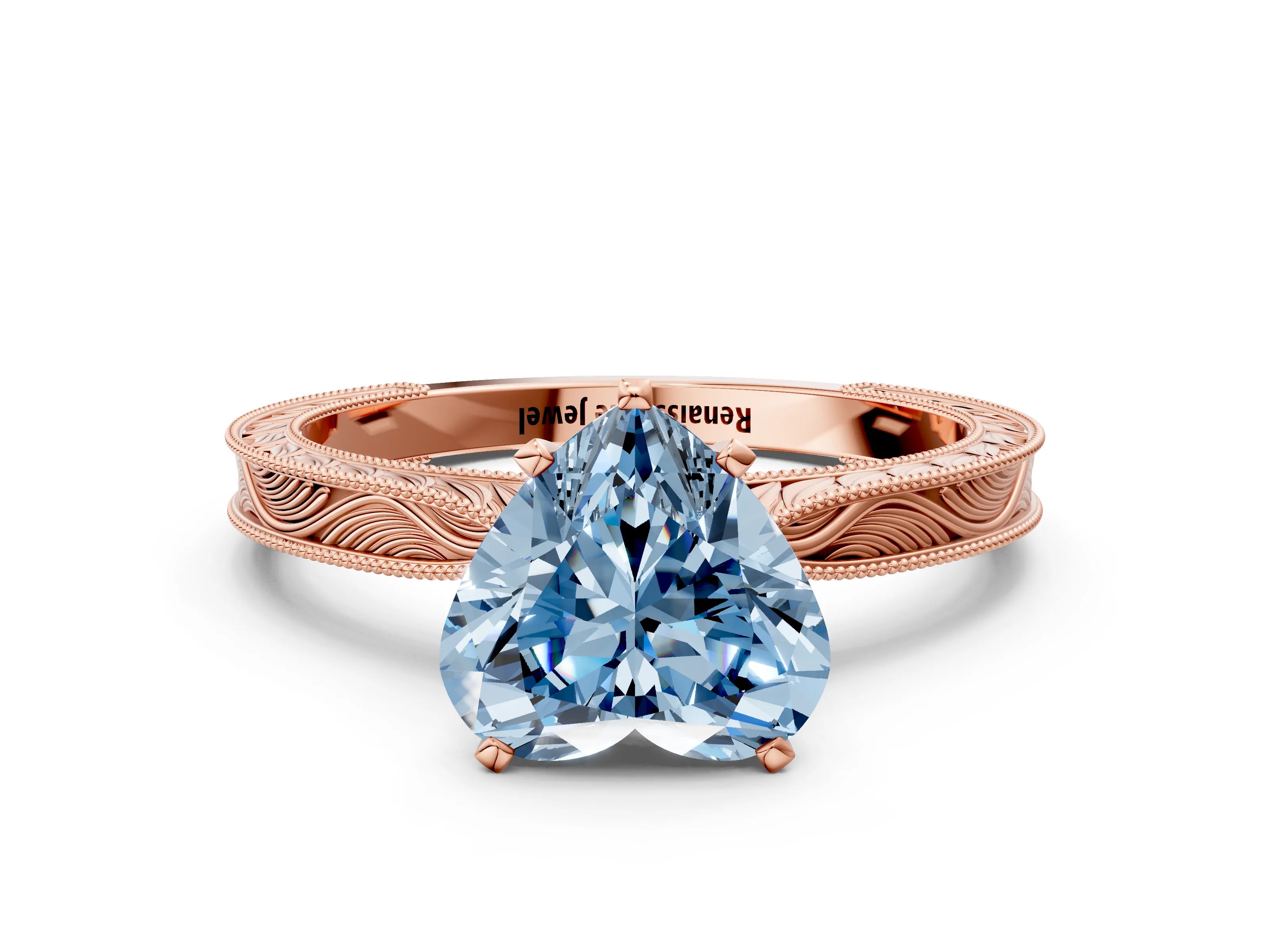 Rose gold Fancy Blue Heart Cut Solitaire Milgrain Engraved Band with Four-Prong Setting