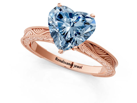 Rose gold Fancy Blue Heart Cut Solitaire Milgrain Engraved Band with Four-Prong Setting_1