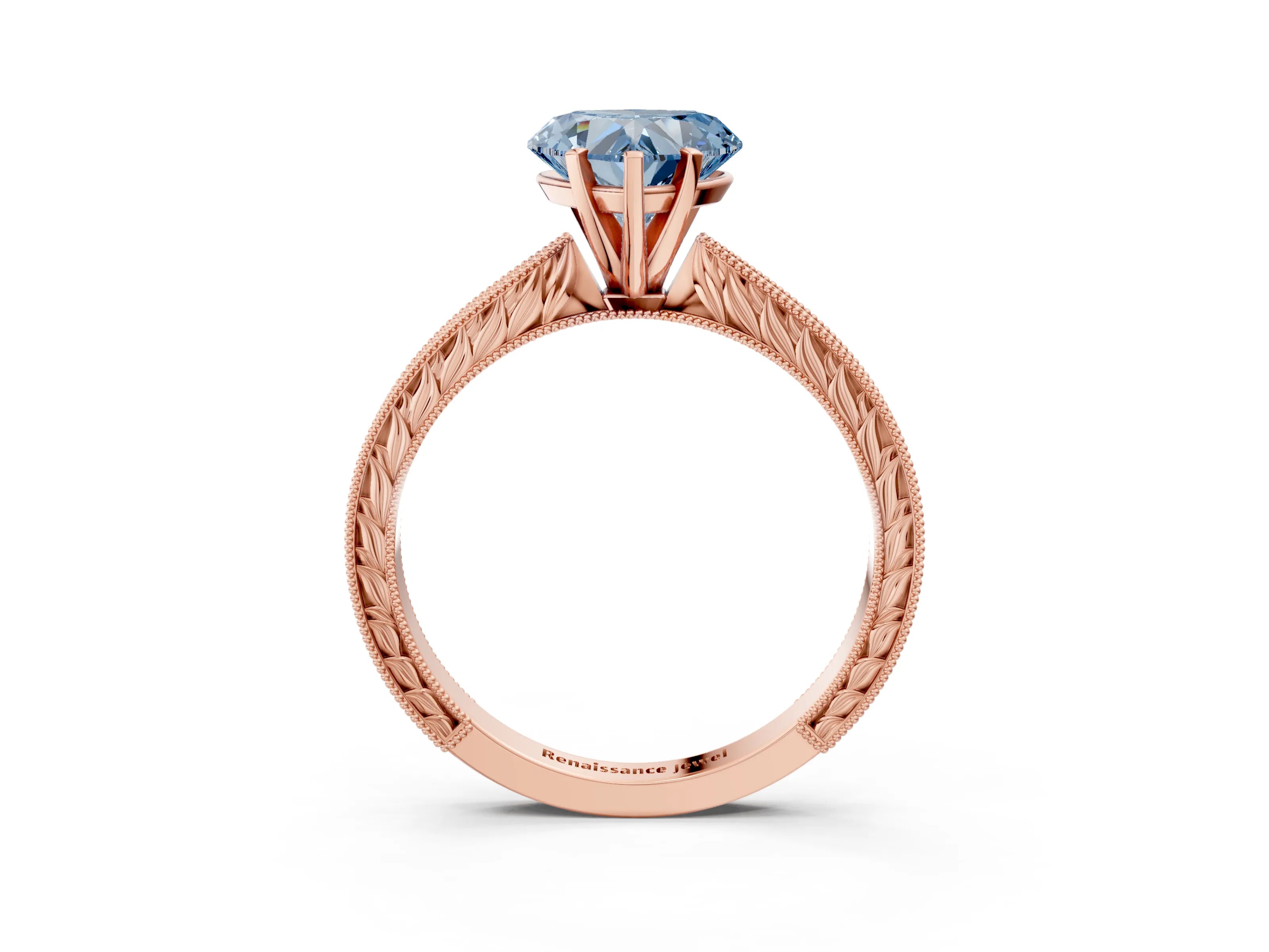 Rose gold Fancy Blue Heart Cut Solitaire Milgrain Engraved Band with Four-Prong Setting_3