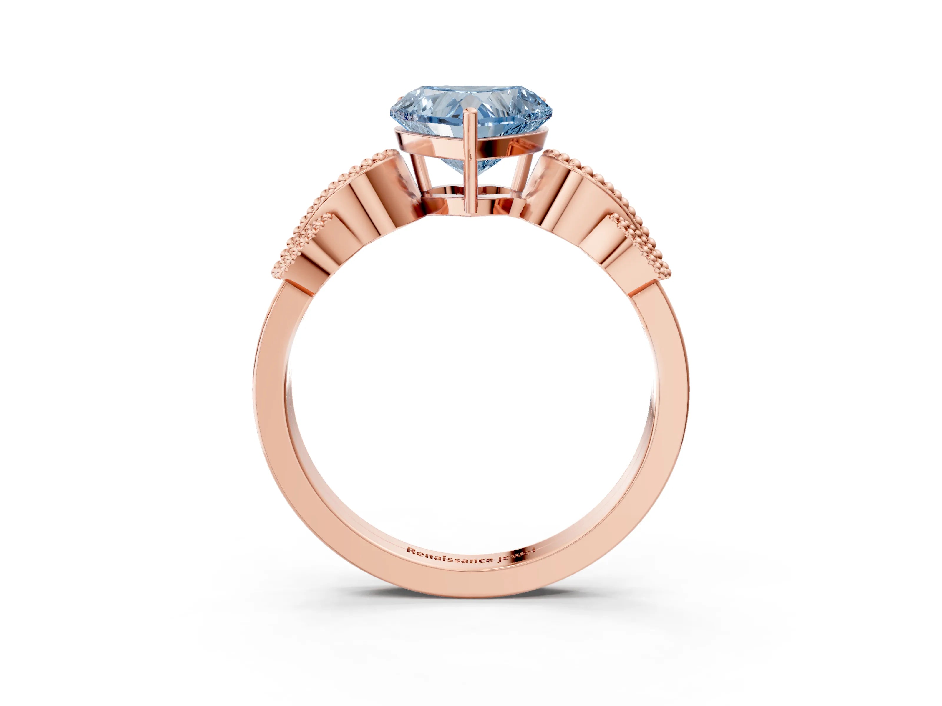 Rose gold Fancy Blue Heart Cut Solitaire Milgrain Leaf Band with Prong Setting_3