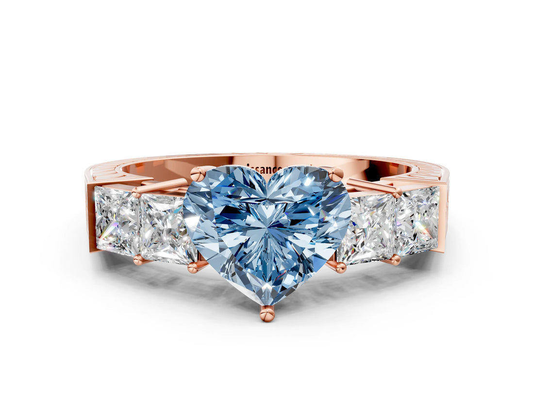 Rose gold Fancy Blue Heart Cut Solitaire Princess Side Stone Engraved Band Prong Setting Ring