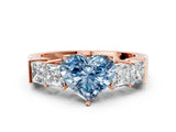 Rose gold Fancy Blue Heart Cut Solitaire Princess Side Stone Engraved Band Prong Setting Ring