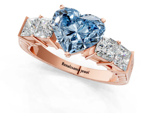 Rose gold Fancy Blue Heart Cut Solitaire Princess Side Stone Engraved Band Prong Setting Ring_1