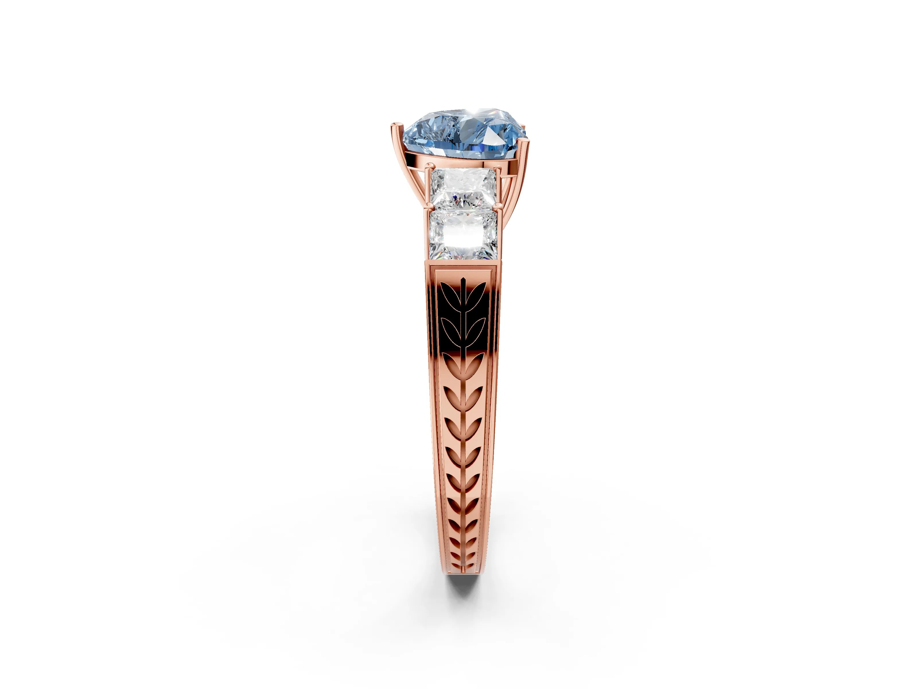 Rose gold Fancy Blue Heart Cut Solitaire Princess Side Stone Engraved Band Prong Setting Ring_2