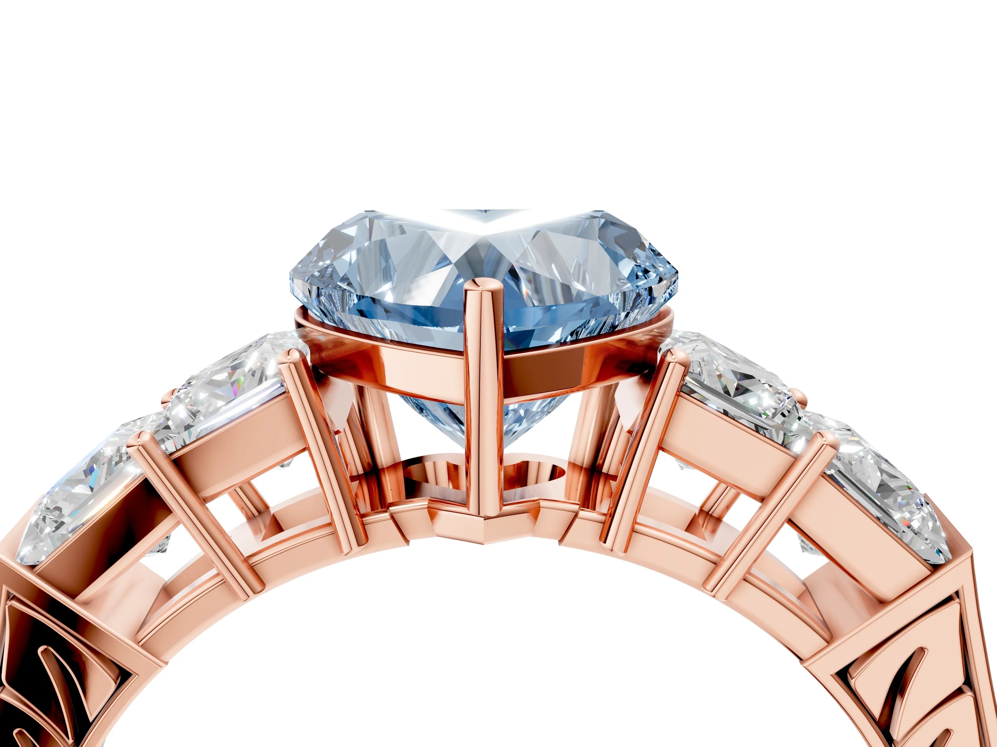 Rose gold Fancy Blue Heart Cut Solitaire Princess Side Stone Engraved Band Prong Setting Ring_4