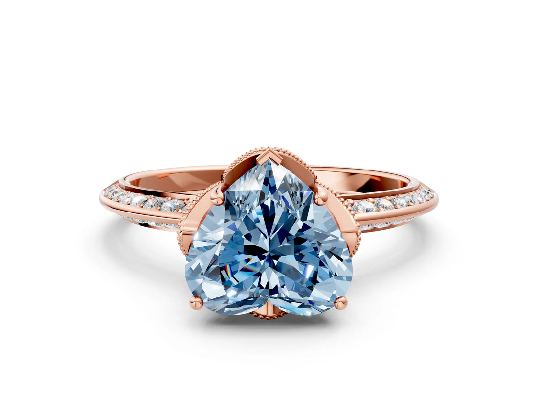 Rose gold Fancy Blue Heart Cut Solitaire Split Shank Pave Diamond Engagement Ring with Four-Prong Setting