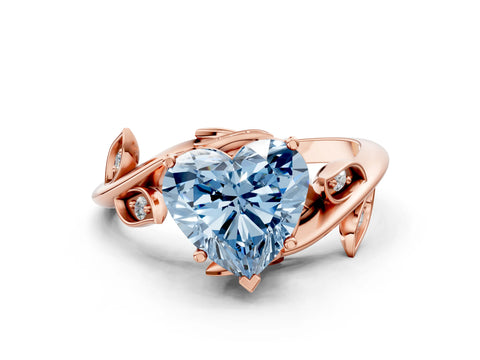 Rose gold Fancy Blue Heart Cut Solitaire Twist Engagement Ring with Leaf Accents and Prong Setting_12