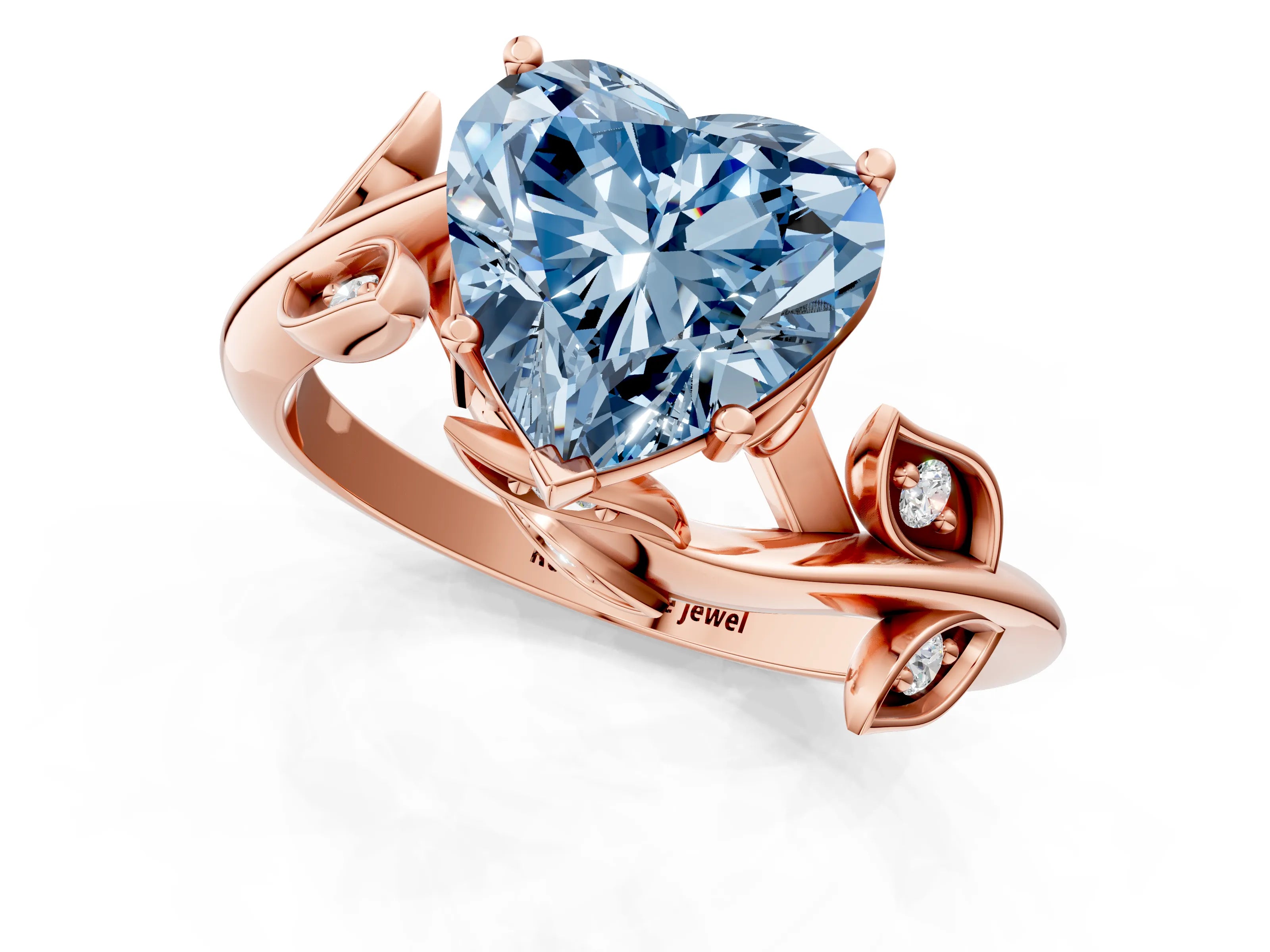 Rose gold Fancy Blue Heart Cut Solitaire Twist Engagement Ring with Leaf Accents and Prong Setting_13