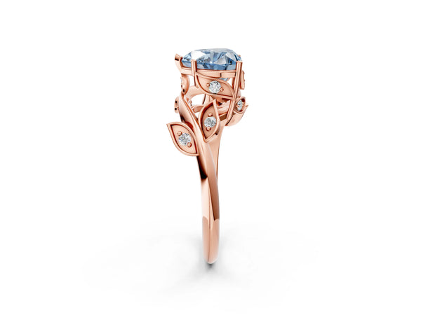 Rose gold Fancy Blue Heart Cut Solitaire Twist Engagement Ring with Leaf Accents and Prong Setting