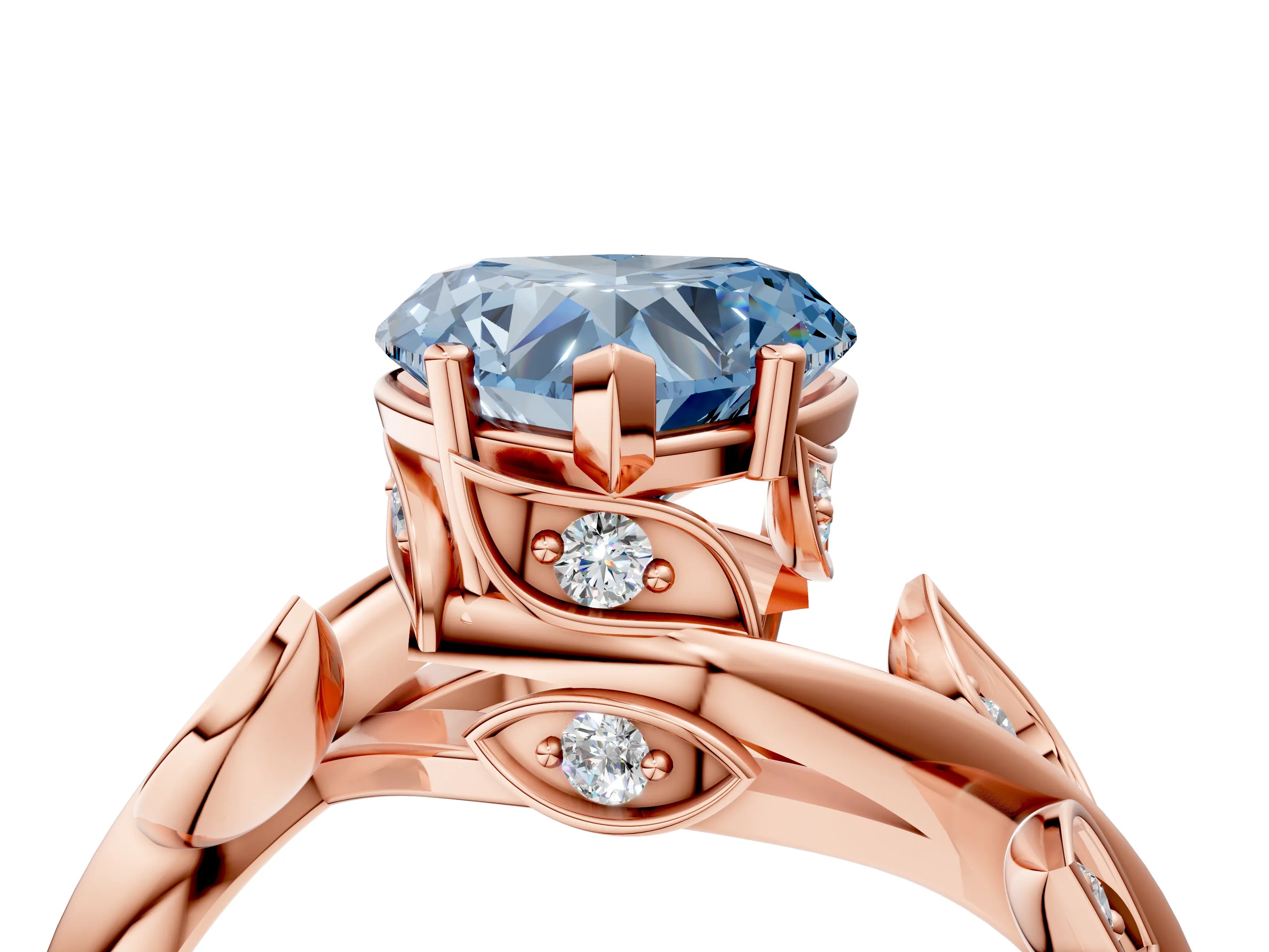 Rose gold Fancy Blue Heart Cut Solitaire Twist Engagement Ring with Leaf Accents and Prong Setting_16