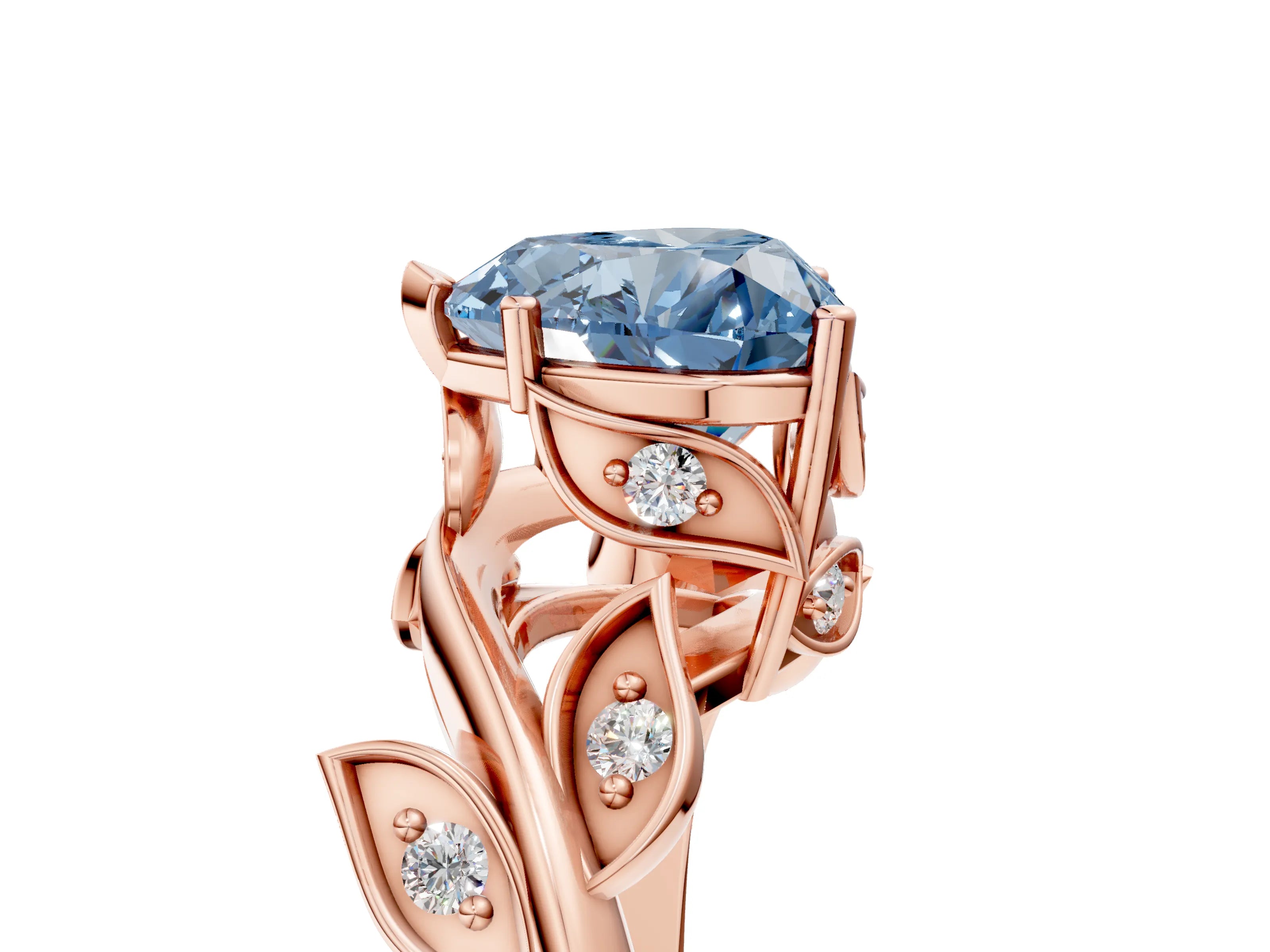 Rose gold Fancy Blue Heart Cut Solitaire Twist Engagement Ring with Leaf Accents and Prong Setting_17
