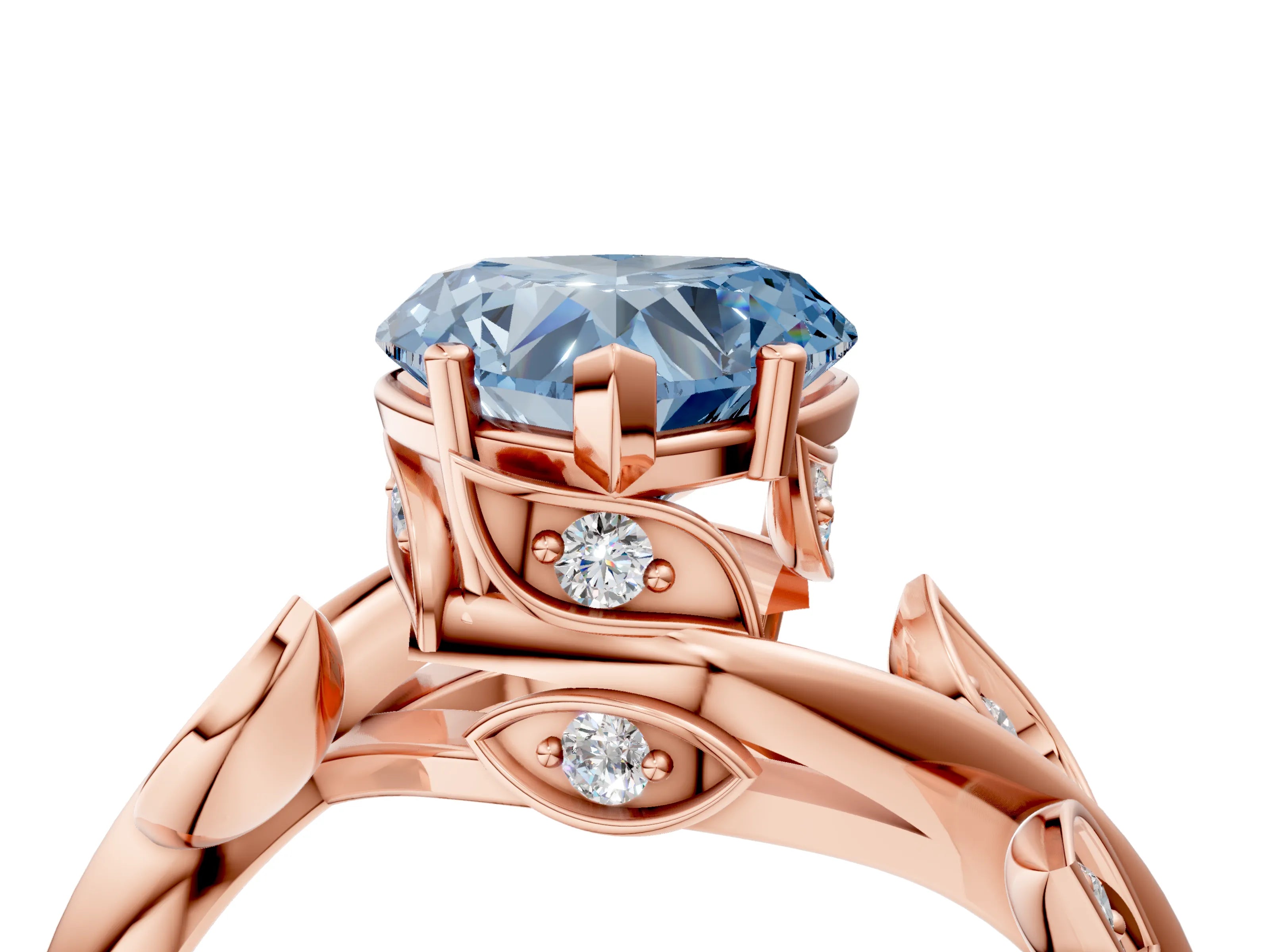 Rose gold Fancy Blue Heart Cut Solitaire Twist Engagement Ring with Leaf Accents and Prong Setting_4