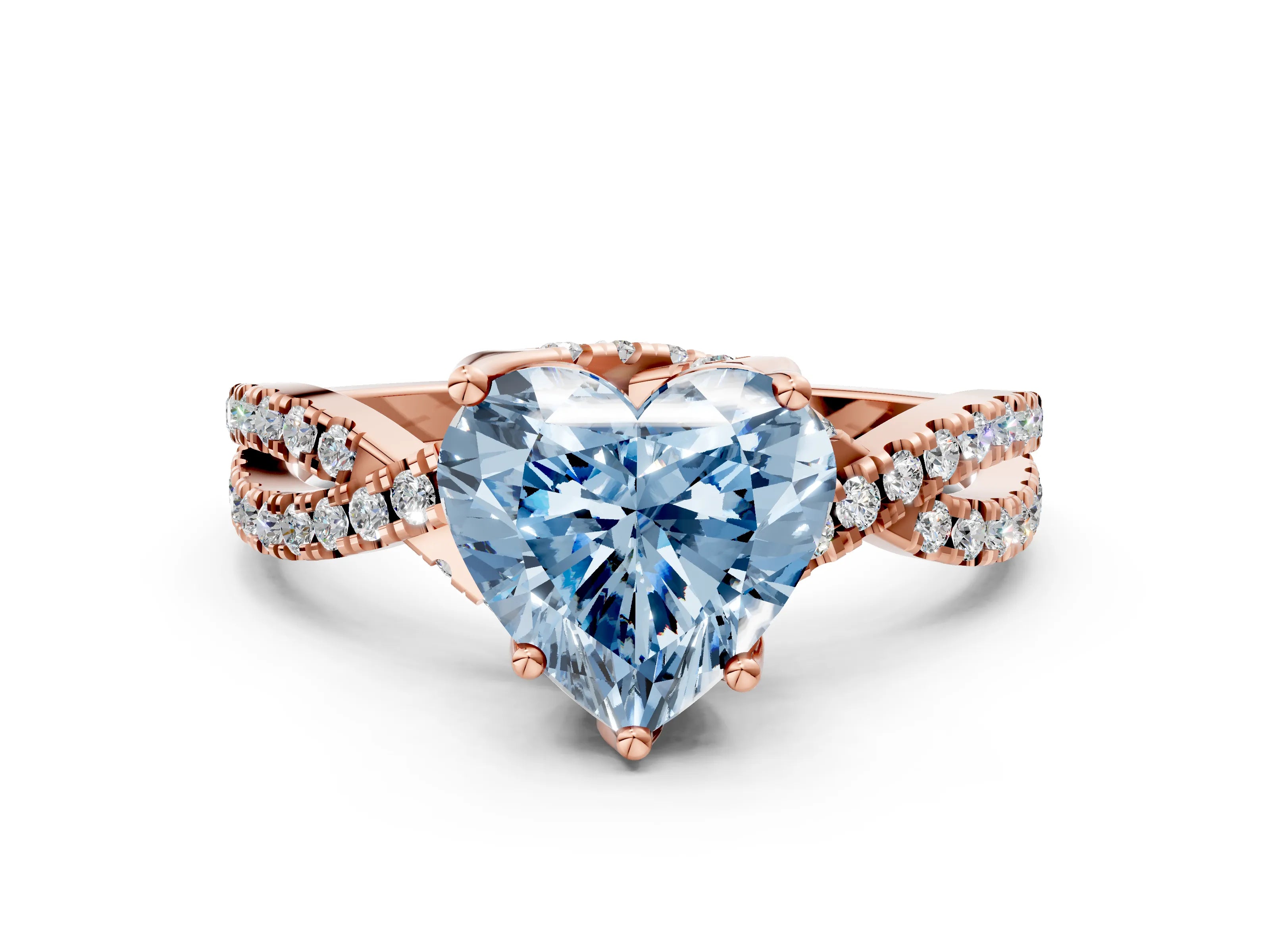 Rose gold Fancy Blue Heart Cut Solitaire Twist Pave Diamond Engagement Ring with Prong Setting