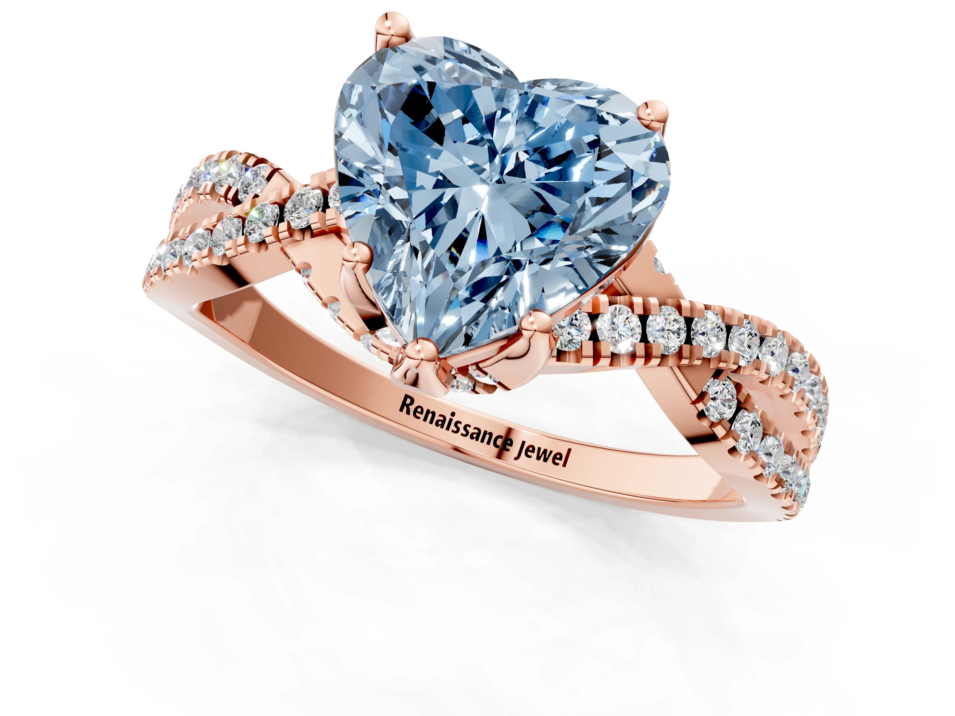 Rose gold Fancy Blue Heart Cut Solitaire Twist Pave Diamond Engagement Ring with Prong Setting_1