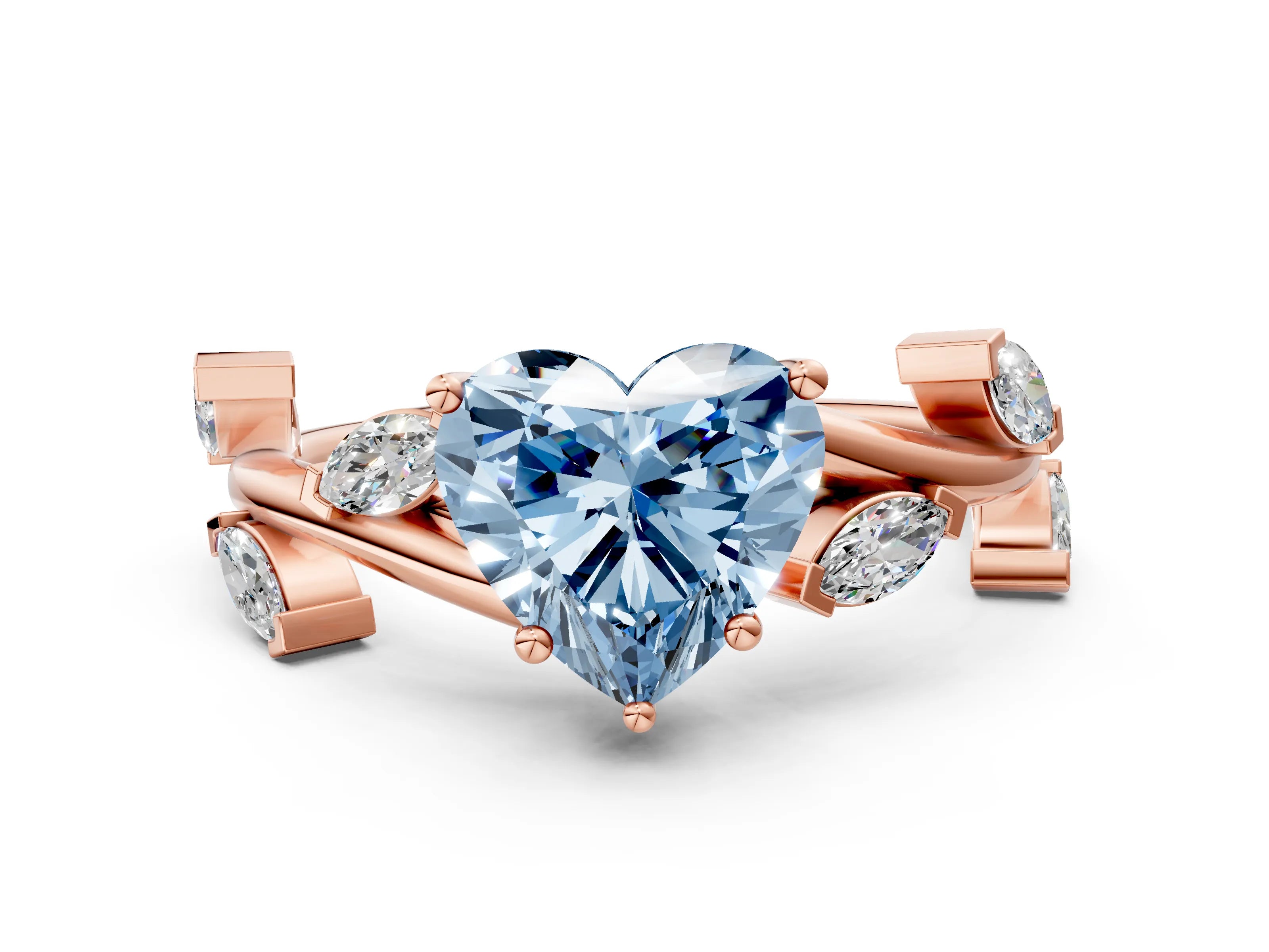 Rose gold Fancy Blue Heart Cut Solitaire Twisted Band Marquise Accent Prong Setting Ring