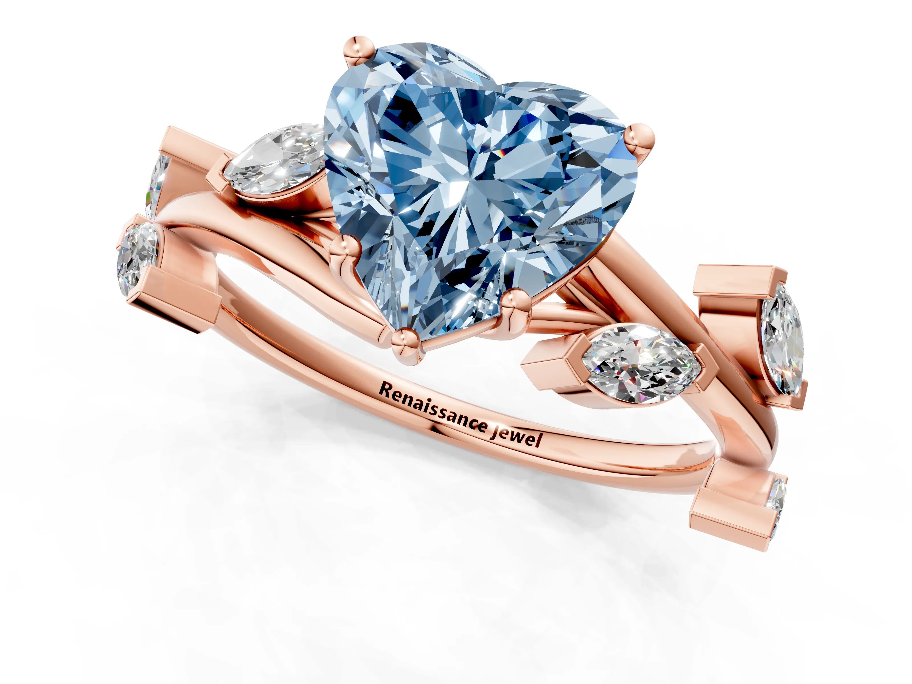 Rose gold Fancy Blue Heart Cut Solitaire Twisted Band Marquise Accent Prong Setting Ring_1