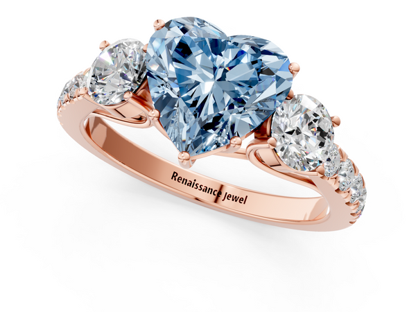 Rose gold Fancy Blue Heart  Cut Diamond Three-Stone Ring with Round Side Stones and Pavé Band
