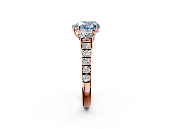 Rose gold Fancy Blue Heart  Cut Diamond Three-Stone Ring with Round Side Stones and Pavé Band