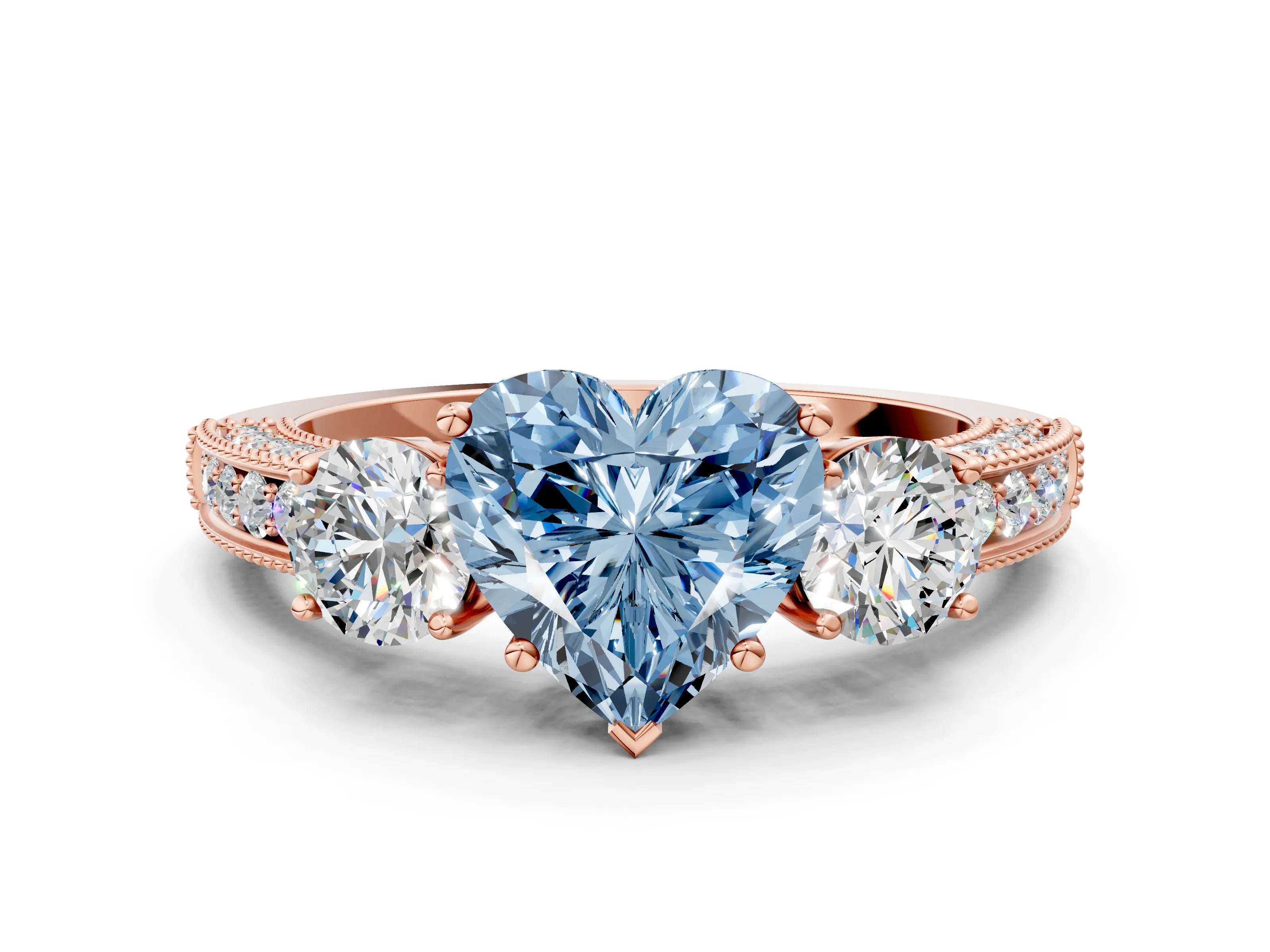 Rose gold Fancy Blue Heart Cut Three-Stone Diamond Ring with Pavé Band and Four-Prong Setting