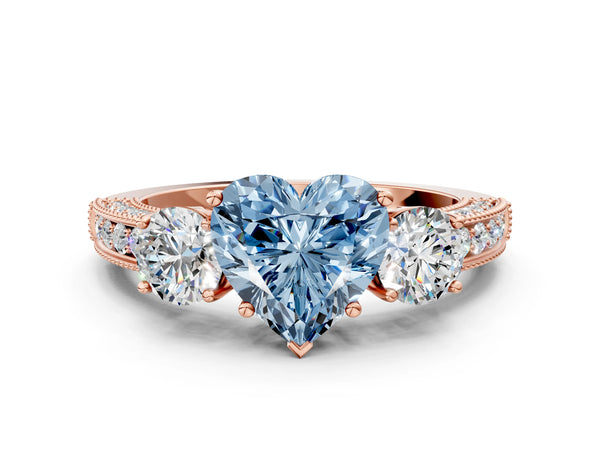 Rose gold Fancy Blue Heart Cut Three-Stone Diamond Ring with Pavé Band and Four-Prong Setting