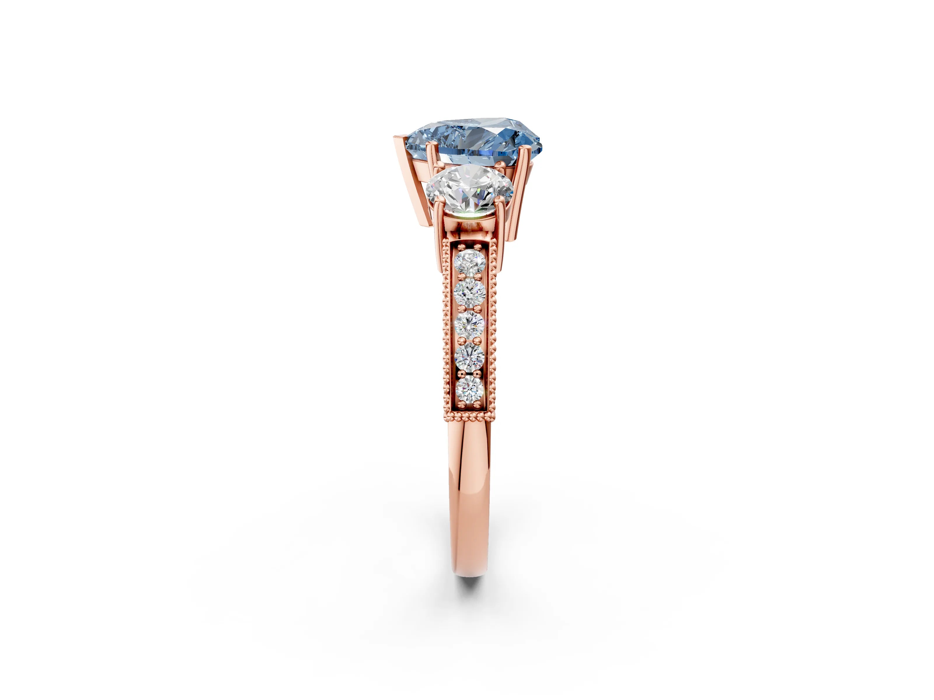 Rose gold Fancy Blue Heart Cut Three-Stone Diamond Ring with Pavé Band and Four-Prong Setting_2