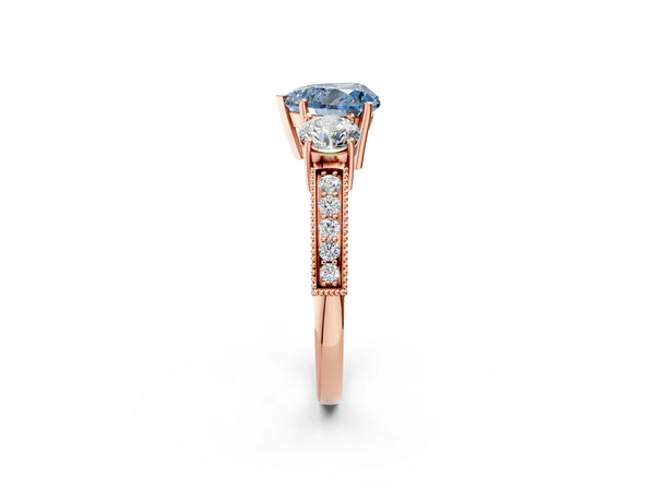 Rose gold Fancy Blue Heart Cut Three-Stone Diamond Ring with Pavé Band and Four-Prong Setting