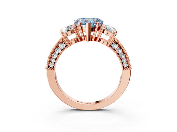 Rose gold Fancy Blue Heart Cut Three-Stone Diamond Ring with Pavé Band and Four-Prong Setting