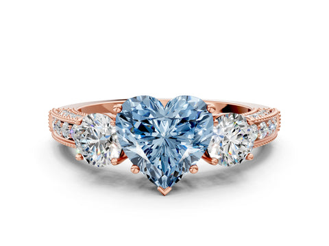 Rose gold Fancy Blue Heart Cut Three-Stone Diamond Ring with Pavé Band and Four-Prong Setting