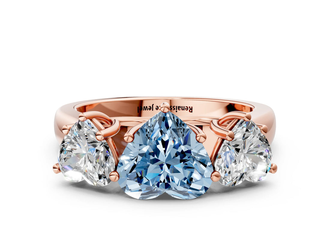 Rose gold Fancy Blue Heart Cut Three-Stone Diamond Ring with Prong Setting on a Classic Band_12