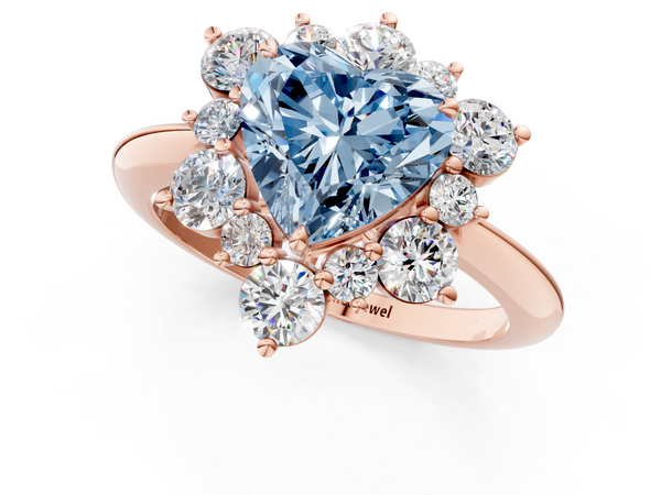 Rose gold Fancy Blue Heart  Diamond Cluster Halo Ring with Solitaire Band and Four-Prong Setting