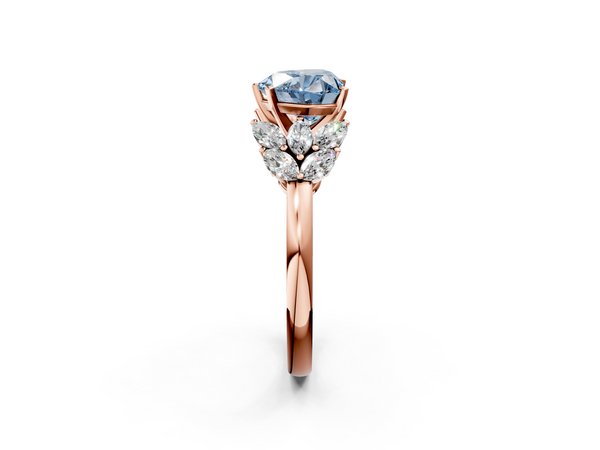Rose Gold Heart-Shaped Cluster Leaf Engagement Ring Setting for Fancy Blue Center