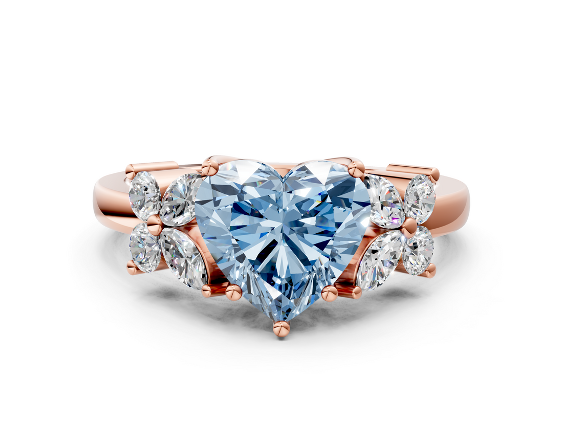 Rose gold Fancy Blue Heart  Diamond Floral Cluster Ring with Solitaire Band and Prong Setting_44