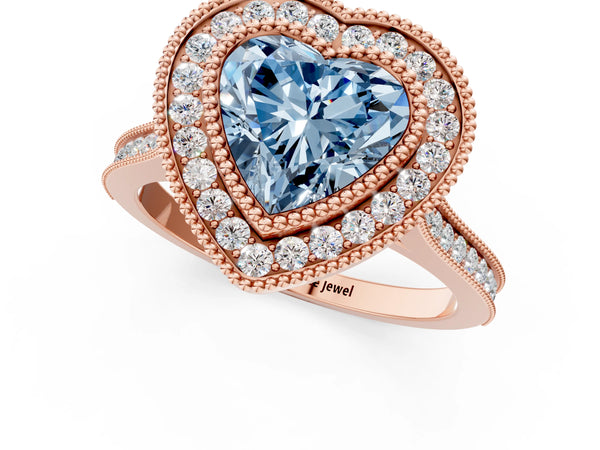 Rose gold Fancy Blue Heart  Diamond Halo Ring with Milgrain Frame and Pavé Band