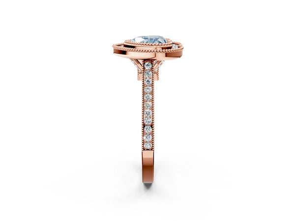 Rose gold Fancy Blue Heart  Diamond Halo Ring with Milgrain Frame and Pavé Band