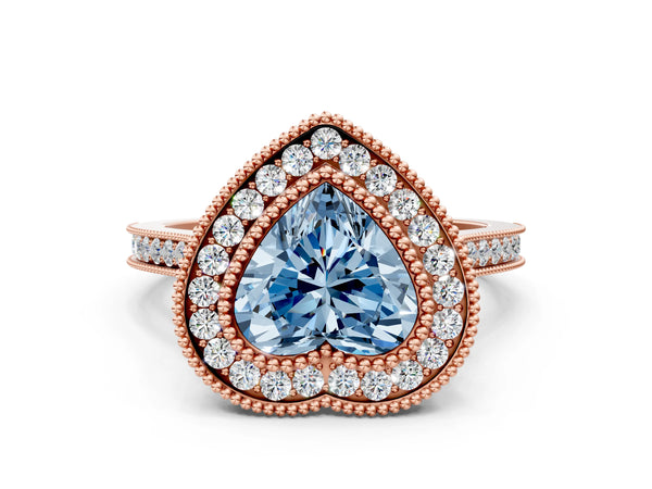 Rose gold Fancy Blue Heart  Diamond Halo Ring with Milgrain Frame and Pavé Band
