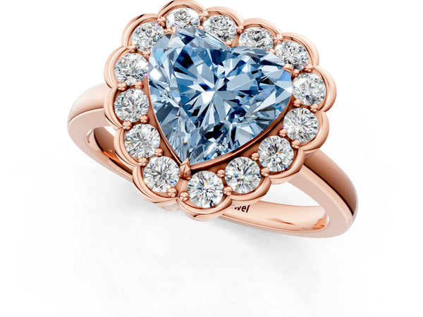 Rose gold Fancy Blue Heart  Halo Cluster Diamond Engagement Ring with Solitaire Band and Prong Setting