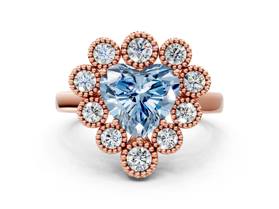 Rose gold Fancy Blue Heart  Halo Diamond Cluster Engagement Ring with Milgrain Bezel Setting and Solitaire Band_51