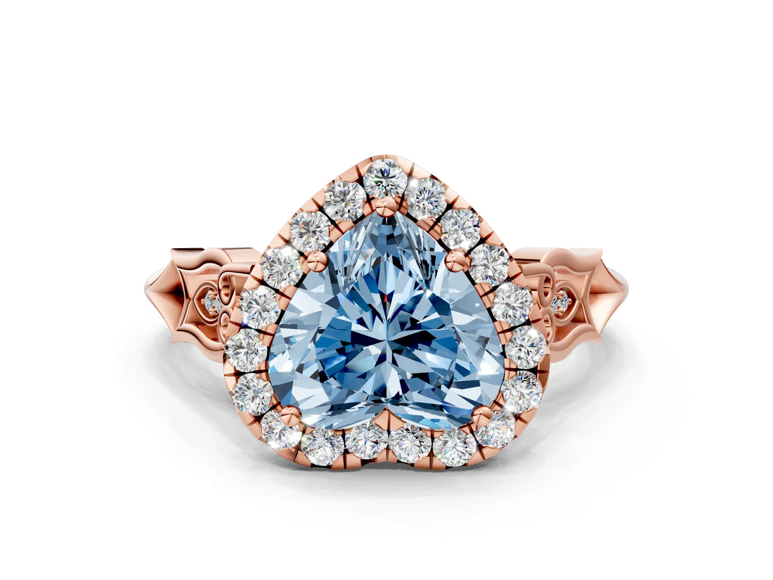 Rose gold Fancy Blue Heart  Halo Diamond Engagement Ring with Filigree Band and Four-Prong Setting_81