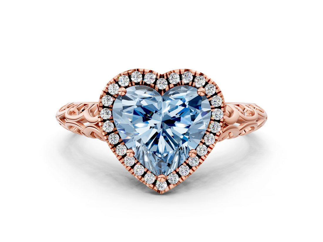 Rose gold Fancy Blue Heart  Halo Diamond Engagement Ring with Intricate Filigree Band and Four-Prong Setting_37
