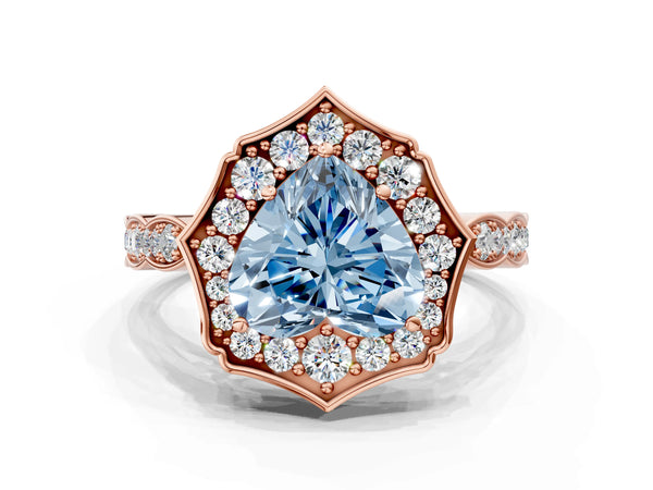 Rose gold Fancy Blue Heart  Halo Diamond Engagement Ring with Milgrain Band and Four-Prong Setting