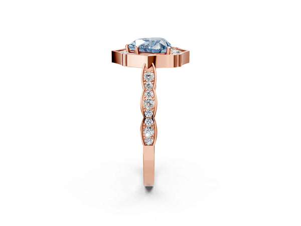 Rose gold Fancy Blue Heart  Halo Diamond Engagement Ring with Milgrain Band and Four-Prong Setting
